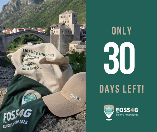 A graphic with a countdown of 30 days to go until FOSS4G Europe 2025.