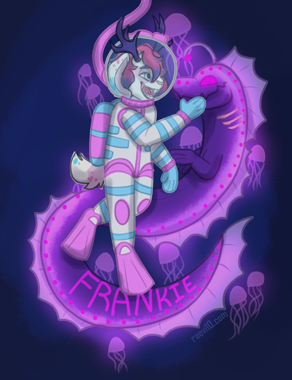 a pink blue and white anthro jackalope with antlers in a pink blue and white dive suit petting the face of a purple sea dragon with pink glowing spots, on the tail of the dragon it says the name frankie