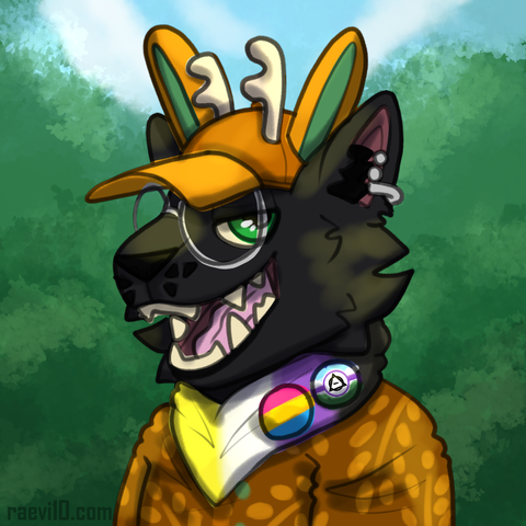 an anthro black cat in an orange leaf patterned shirt wearing a nonbinary pride bandana with 2 buttons on it, one is the pan flag and the other is the new therian flag that i designed, theyre wearing a jackalope cap of the same colors as the shirt