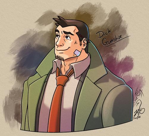 A digital bust fan artwork of Detective Dick Gumshoe from the Ace Attorney series of video games. He's a typical mid-century grizzled American detective stereotype, with a square jaw, thick neck, short-cropped black hair, and a wide barrel chest. He wears a green trenchcoat with the collar turned up, and an orange tie. He's looking off to the left, smiling kindly.