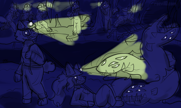 a blue monochrome piece of several anthros in a cave, the two in the front are being attacked by a 3 headed eal like siren creature, theres a splash of yellow coming from the campers headlamps illuminating certain parts of the canvas, in the background several other campers are running to a mineshaft at the direction of one