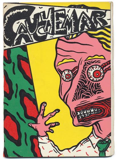 couverture, imprimée en sérigraphie. 5 passages couleurs : jaune, rouge, vert, blanc et noir.
"CAUCHEMAR" est écrit à la main en capitales dans un bandeau sur le haut de l'image. 
Un personnage blond aux yeux écarquillés et injectés de sang entre dans le cadre depuis le coté droit. Ses gencives et ses nerfs optiques sont apparents, comme si on voyait à l'intérieur de sa tête. 
A gauche, une bande de motifs vert, rouge et noir.