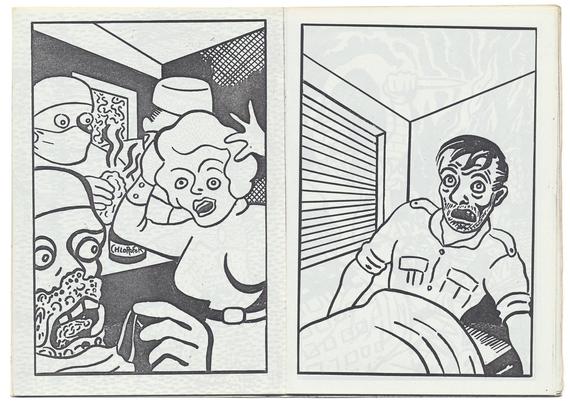 double page, imprimée en noir sur blanc.
A gauche, dessin d'une scène médicale : 4 personnages avec des gants et des bonnets de laborantins. Une femme porte ses mains à sa tête, ses yeux sont bizarrement placés (elle en a un sur la joue). Au fond, un infirmier (ou un médecin) tient un coton imbibé de chloroforme. 
Au premier plan, un des médecins a retiré son masque et découvre un bas de visage comme brûlé ou dévoré par la peste. Il a la bouche ouverte et sa langue ressemble à un pruneau. Ça n'a pas l'air de le gêner. 
A droite, dessin d'un homme mal rasé qui se redresse dans un lit, la bouche ouverte et l'air hagard. Il se trouve dans une pièce étroite. Une fenêtre est bouchée par des stores.