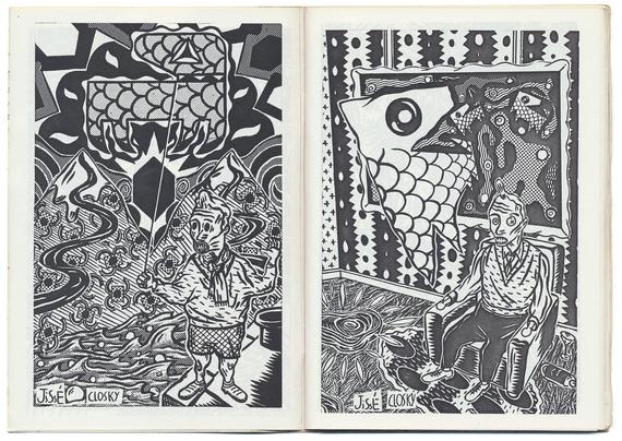 double page imprimée en noir sur blanc. 
Deux dessins signés Jissé et Closky : des personnages à houppette, similaires à celui de la couverture, se tiennent devant des fonds très graphiques de motifs géométriques enchevêtrés. A gauche, le personnage est en culottes courtes et tient une sorte de ballon. A droite, il est assis dans un fauteuil et porte un pantalon.