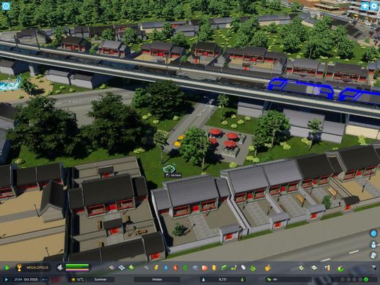 Freight train crosses the raised track in China town.