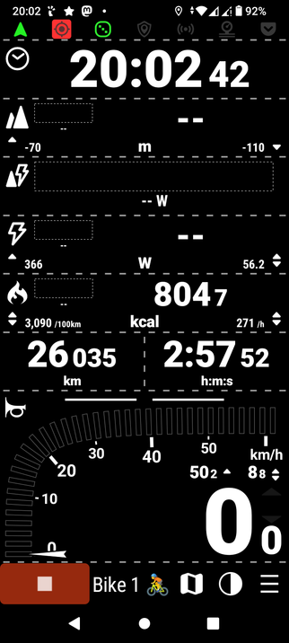 The image displays a digital interface, likely from a cycling app, with a black background and white text. At the top, the time is shown as 20:02:42. Below, there are various metrics: elevation changes of -70 meters and -110 meters, a total distance of 26.035 kilometers, and a total time of 2 hours, 57 minutes, and 52 seconds. The current speed is 0 km/h, and the calories burned are 8,047 kcal. The interface also shows a speedometer with a avg of 8.8 km/h, and a power output of 56.2 watts. The battery level is at 92%, and there are icons for navigation, settings, and other functions. The bottom of the screen features a red button labeled "Bike 1" with a cycling emoji, and additional icons for navigation, settings, and more.

Ovis2-8B

🌱 Energy used: 0.235 Wh
