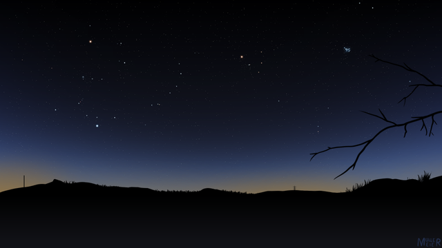 Digital art of a stary night sky with the constellations Orion, part of taurus and the Pleiades cluster.