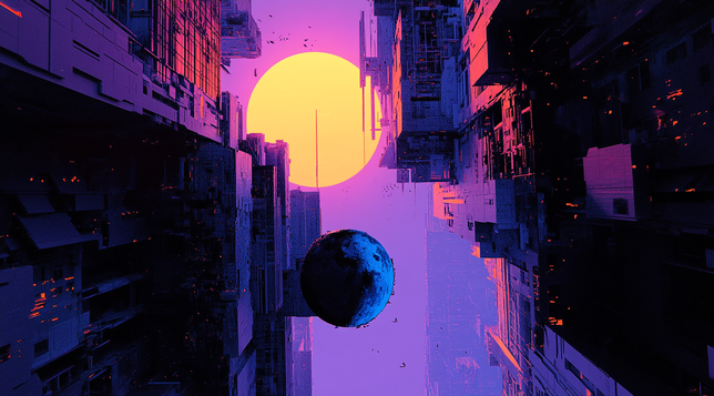 Passage Orbital.
Planète suspendue entre deux murailles urbaines abstraites, sous un soleil violet et doré dans un univers brutaliste futuriste.
Planet suspended between two abstract urban walls, under a violet and golden sun in a futuristic brutalist universe.