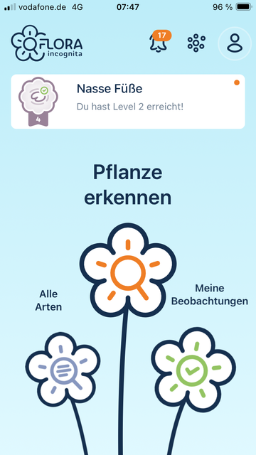 Screenshot eines Telefons mit FloraIncognitaApp die als News anzeigt: nasse Füße - Du hast Level 2 erreicht