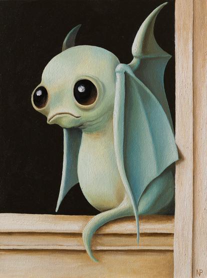 Geflügeltes und desillusioniertes Monsterwesen auf einer Art Fenstersims.