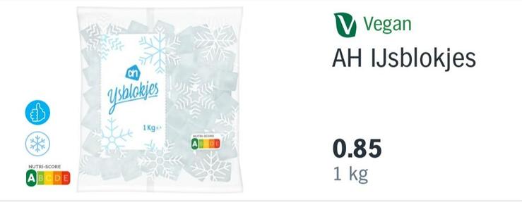 Screen van een zak ijsblokjes met de prijs en het vegan symbool er naast.