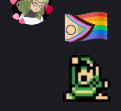 Mx Verda's old vtuber model in top-left, looking down at pixel Link holding a modified Progress Flag above his head in joy. 
The progress flag starts from the base 6 color rainbow gay, lesbian, and (silent majority) bisexual horizontal stripes. 
A triangle area (pale yellow with purple circle, for intersex people) shares an edge with the short left outline of the overall rectangle.  

The two rightward sides of the Intersex Triangle extend into chevrons: mid blue, lavender, strong pink, very dark brown, and mid brown. 
The blue to pink are trans and, plus lavender, bi as well. 
The near-black and brown are BIPoC (b/Black, Indigenous, and People of Colour) or BAME (b/Black And Minority Ethnicities). 

(There is a pale green triangle on the Intersex Triangle's inner point intended for genderqueers. However this is probably covered by the pink and blue Trans Chevrons.)