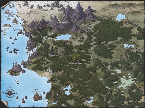 illustration of a map of strangehollow (mostly forest, but some coastline, mountains, plains and tundra too!)