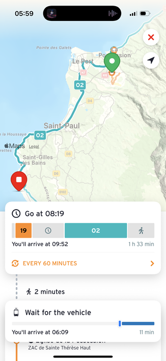 Screenshot of a transit itinerary on La Reunion island in the Transit app