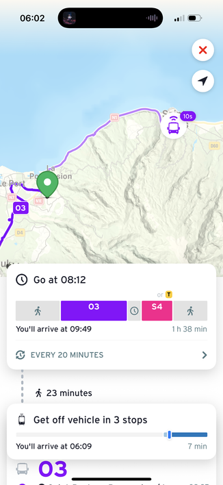 Screenshot of another example transit itinerary on La Reunion island in the Transit app