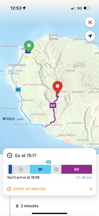 Screenshot of a more complex (and longer)itinerary between La Possession and Cilaos.