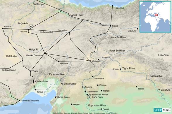 a colour topographic map of eastern Anatolia and northern Syria with Roman roads sketched out and ancient cities marked