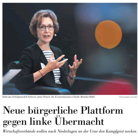Bild der Economiesuisse-Präsidentin, darunter der Titel «Neue bürgerliche Plattform gegen linke Übermacht»