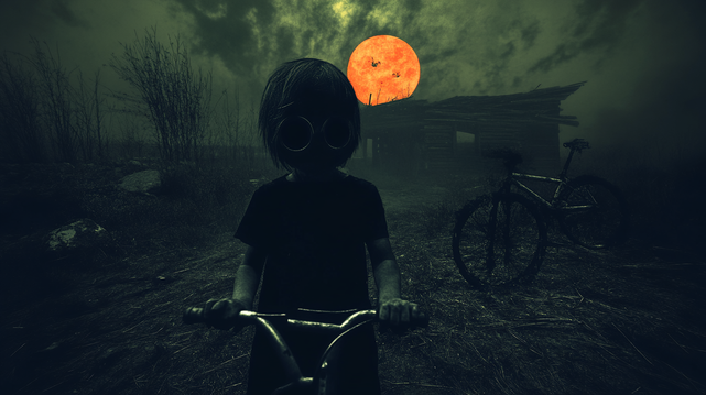 Les Enfants de l’Éclipse.
Enfant inquiétant avec des lunettes rondes sur un vélo, devant une cabane délabrée sous une lune rouge, dans une ambiance post-apocalyptique.
Eerie child with round goggles on a bicycle, in front of a decaying shack under a red moon, in a post-apocalyptic atmosphere.