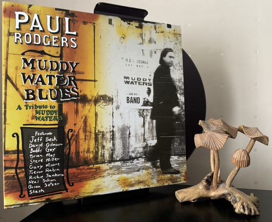 Album cover has Paul Rodger’s walking past the wooden door of an industrial yard that has a poster up advertising a Muddy Waters gig. The list of featured artists on the album is on the bottom left of the LP.