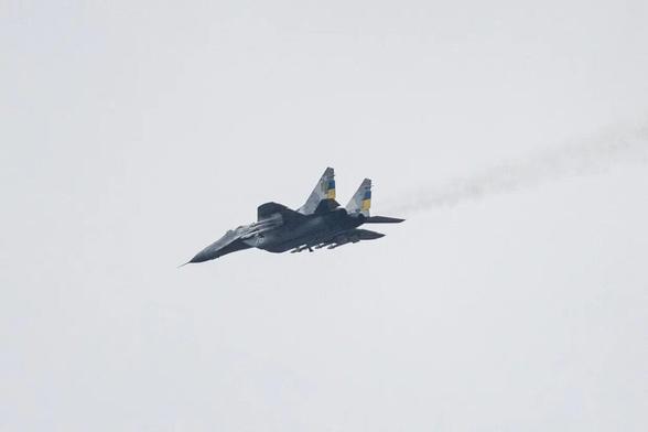 A MIG-29 Ukrainian fighter jet flying over eastern Ukraine
