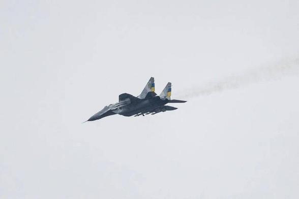 A MIG-29 Ukrainian fighter jet flying over eastern Ukraine