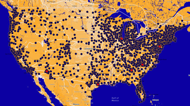 Map of the USA with hundreds of dark blue dots scattered all over the map, each for a planned protest.