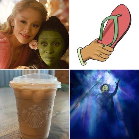 Ariana Grande & Cynthia Erivo as Glinda & Elphaba;
Clipart of a hand holding a flipflop;
Iced coffee;
Elphaba singing 'Defying Gravity' in a stage production of 'Wicked'