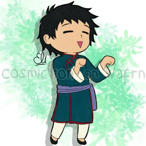 Digital flat color illustration of Lau from Black Butler, drawn in chibi style. He is smiling and raising his hands in imitation of cat paws.