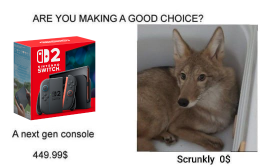 are you making a good choice? A next gen console (switch 2) = $449 USD, Scrunkly (picture of a coyote) $0 USD