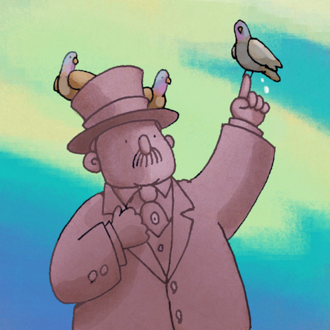 Statue of a statesman wearing a overcoat and top hat. His left hand is raised and finger pointing toward the sky. Three pigeons are perched on the statue and one is pooping.