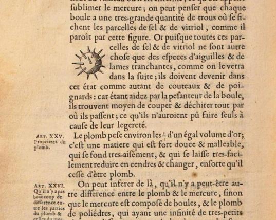 Part of a page of 17th century printed book, the text in French discusses salt, vitriol, lead, mercury and has a small engraving of a sphere with sharp spikes on its surface.