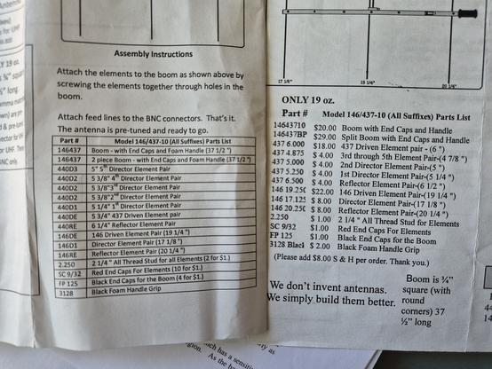 2 Arrow antenna bill of material pages, with differences in 70cm elements lengths