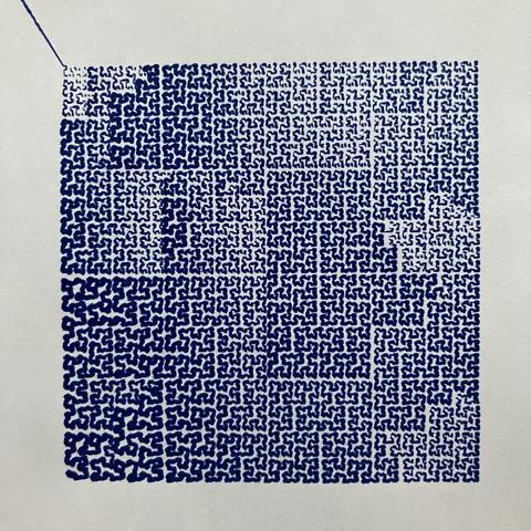 A Hilbert curve drawn by a hacked-together core xy plotter