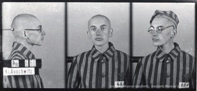A mugshot registration photograph from Auschwitz. A man with a shaved head wearing a striped uniform photographed in three positions (profile and front with bare head and a photo with a slightly turned head with a hat on). The prisoner number is visible on a marking board on the left.