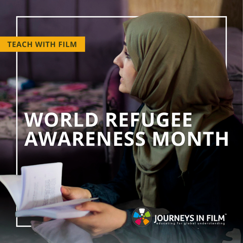 Film still from The Neighborhood Storyteller, showing Asmaa Rashed, a young Syrian refugee mother, siting in her living room in a green hijab, holding a book. Text says: "World Refugee Awareness Month. Teach with Film. Journeys in Film."