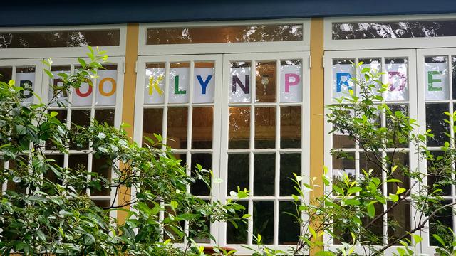 A row of multi-paned white windows partly obscured by foliage. In the top row, above most of the foliage, each pane has a large printed capital letter, like a banner. Each letter is in a different progress pride color, plus some extras.

The letters read:

BROOKLYN PRIDE