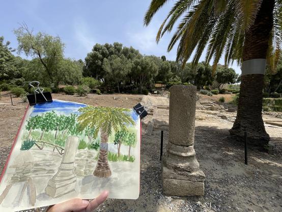 Links halte ich mein Skizzenbuch hoch, rechts davon und dahinter sieht man das Motiv: den Rest einer alten Säule und eine Palme, sowie Mauerreste im Hintergrund.