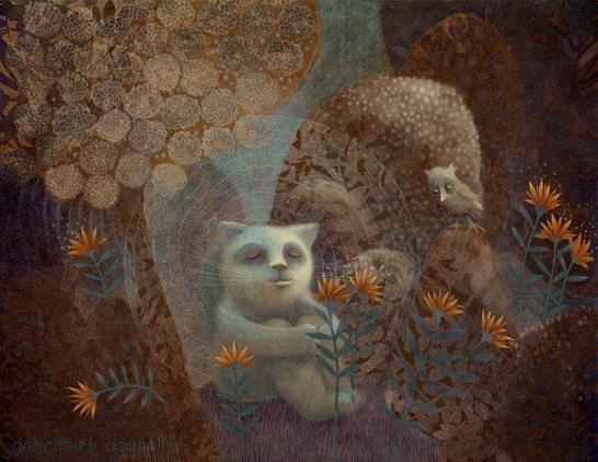 The Peaceful Garden
With eyes closed in peaceful meditation, a white cat considers the nature of life. Surrounded by a flowering tree and small hillocks of varying shades of deep umber, bright orange flowers spark in the quiet space like fire. A curious owl watches nearby and wishes that he would ask his companion about its enigmatic smile.