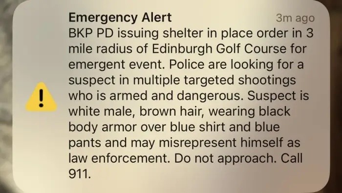 Police alert in response to shooting of two DFL legislators this morning.