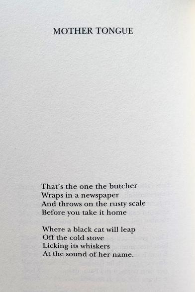 A page from a book where you can read the following verses.

MOTHER TONGUE
That's the one the butcher
Wraps in a newspaper
And throws on the rusty scale 
Before you take it home

Where a black cat will leap
Off the cold stove
Licking its whiskers
At the sound of her name.