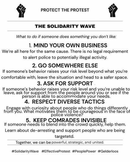 PROTECT THE PROTEST
THE SOLIDARITY WAVE

What to do if someone does something you don't like:

1. MIND YOUR OWN BUSINESS We're all here for the same cause. There is no legal requirement to alert police to potentially illegal activity.

2. GO SOMEWHERE ELSE If someone’s behavior raises your risk level beyond what you're comfortable with, leave the situation and head to a safer space.

3. ASK FOR SUPPORT .
If someone’s behavior raises your risk level and you're unable to leave, ask for support from the people around you or see if the person is able to accommodate your needs.

4. RESPECT DIVERSE TACTICS
Engage with curiosity about people who do things differently from you. What motivates them to be courageous in the face of police violence?

5. KEEP COMRADES INVISIBLE
If someone needs to blend into the crowd quickly, help them. Learn about de-arresting and support people who are being targeteted. Together, we can be powerful, strategic, and united. 

#SolidarityWave #EffectiveProtest #PeoplePower #Gelderloos