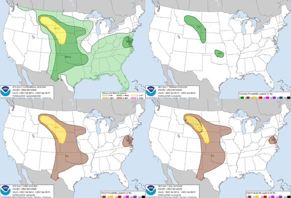 Scattered severe thunderstorms capable of producing large hail and damaging wind gusts will be possible across parts of the northern and central High Plains this afternoon and evening. Isolated strong to severe thunderstorms may also occur today across parts of the southern Plains into the Ozarks, and over portions of the southern Mid-Atlantic. WeatherAwareDay #weather #wx #SPC #TheOutpost #SevereWeather 


Widespread Showers in the Eastern US; Severe Thunderstorms in the Plains; Heatwave in the Desert Southwest
Widespread showers and thunderstorms across much of the central and eastern U.S. will produce areas of excessive rainfall, especially in the southern Mid-Atlantic states. Scattered severe thunderstorms are expected from Montana into portions of the central/southern Plains this weekend. A heatwave will build in the Desert Southwest, in parts of Arizona, southeastern California, and southern Nevada