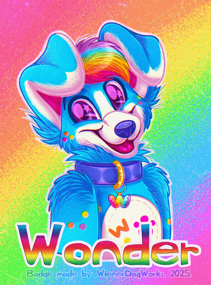 A digital conbadge drawing of a blue anthropomorphic puppy with rainbow hair. He's happy and smiling, and his name is Wonder.