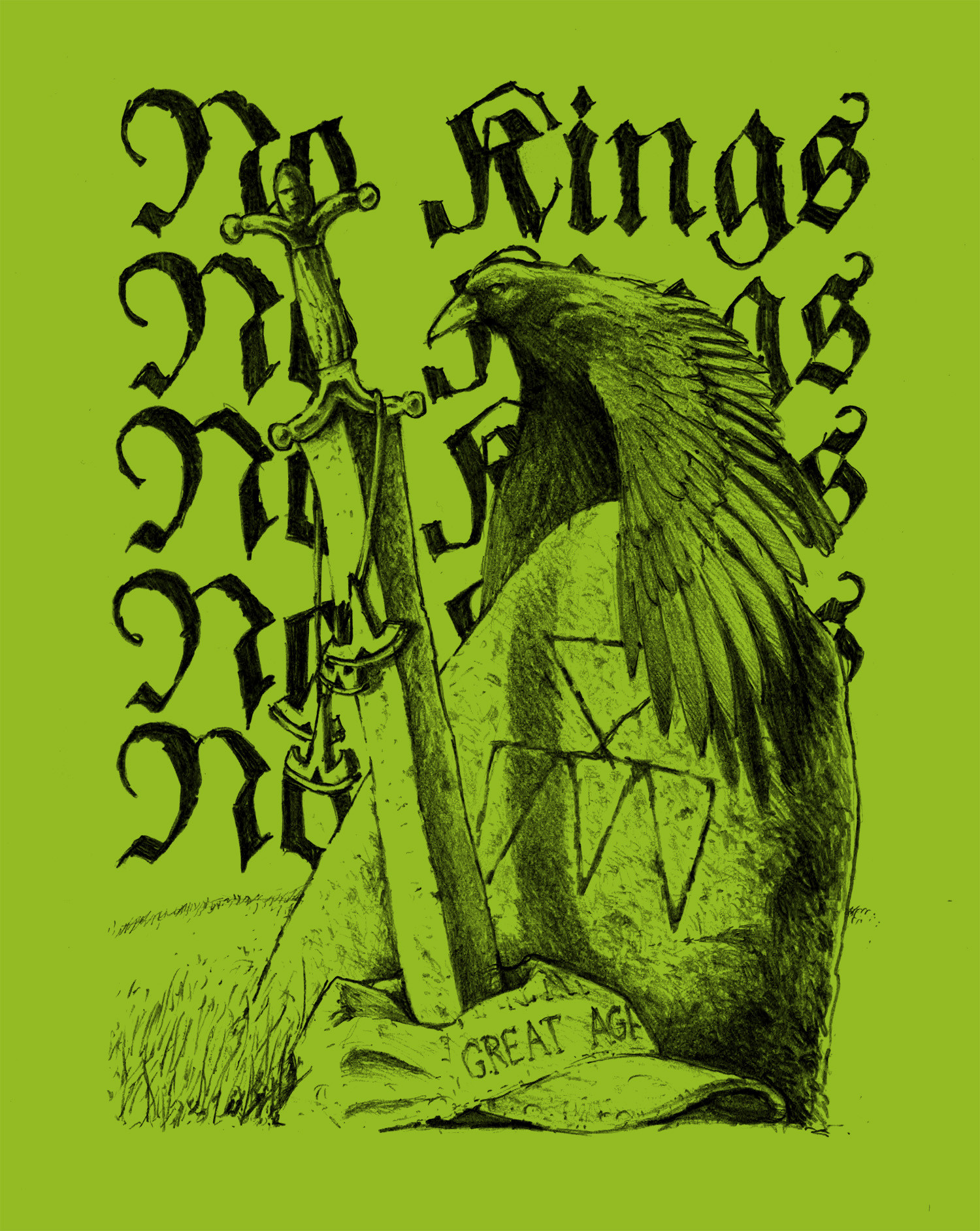 pencil illustration on a green background with "no kings" repeated as a background motif. On top of that a small standing stone with an inverted crown with a downpointing triangle is carved. On the stone is a crow with its wings open and in from of the stone is a maga hat with a celtic sword stabbed through it. hanging from the guard of the sword is a string with tesla logos torn from cars that have been destroyed.