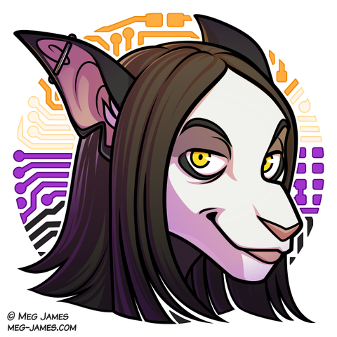 Icon of an anthro/furry of indeterminate species, with yellow eyes, white fur with black markings, and brown hair. She is framed in a decorative circle colored like the nonbinary flag, with a circuit-board pattern.