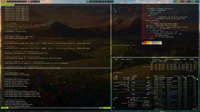 A screenshot of the Maomao window manager displaying Neovim with a foot terminal and btop. Also Waybar is the status bar with Gruvbox coloring