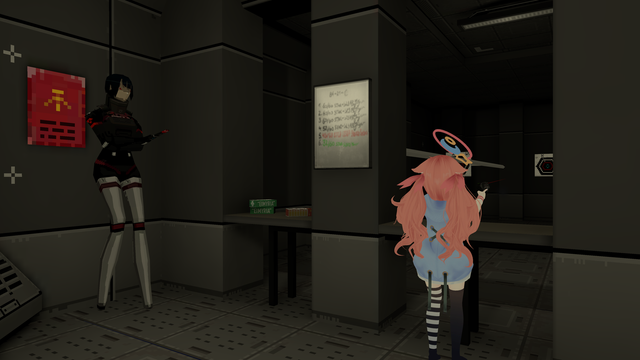 A view of a target practice range, with a large robotic woman overseeing an avatar shooting at targets on the right.