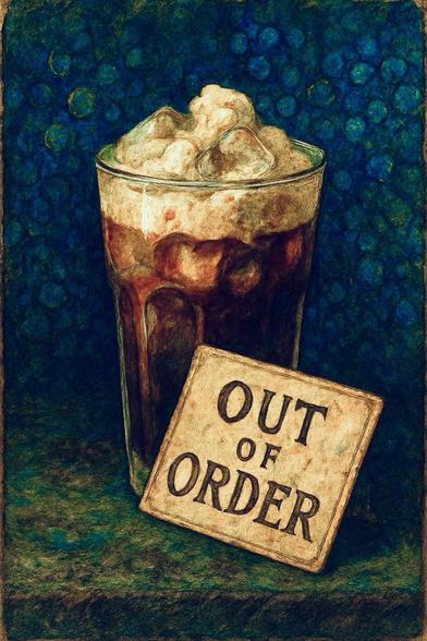 KI-Bild (GPT Medium):

Ein Glas mit Eiskaffee, davor lehnt schräg ein Schild mit der Aufschrift "Out of Order". Das beschreibt die Situation perfekt.