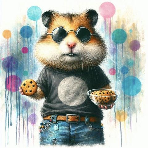KI-Bild (DALL•E3):

Hamster Holly, heute cool im grauen Shirt, Jeans und mit Sonnenbrille. Er steht vor einem abstrakten weißen Hintergrund mit bunten Punkten, deren Farbe nach unten "ausläuft". Er hält Schokokekse in den Pfötchen. Die müssen schnell gegessen werden, somfft sffmilft die Ffokolade da drin.